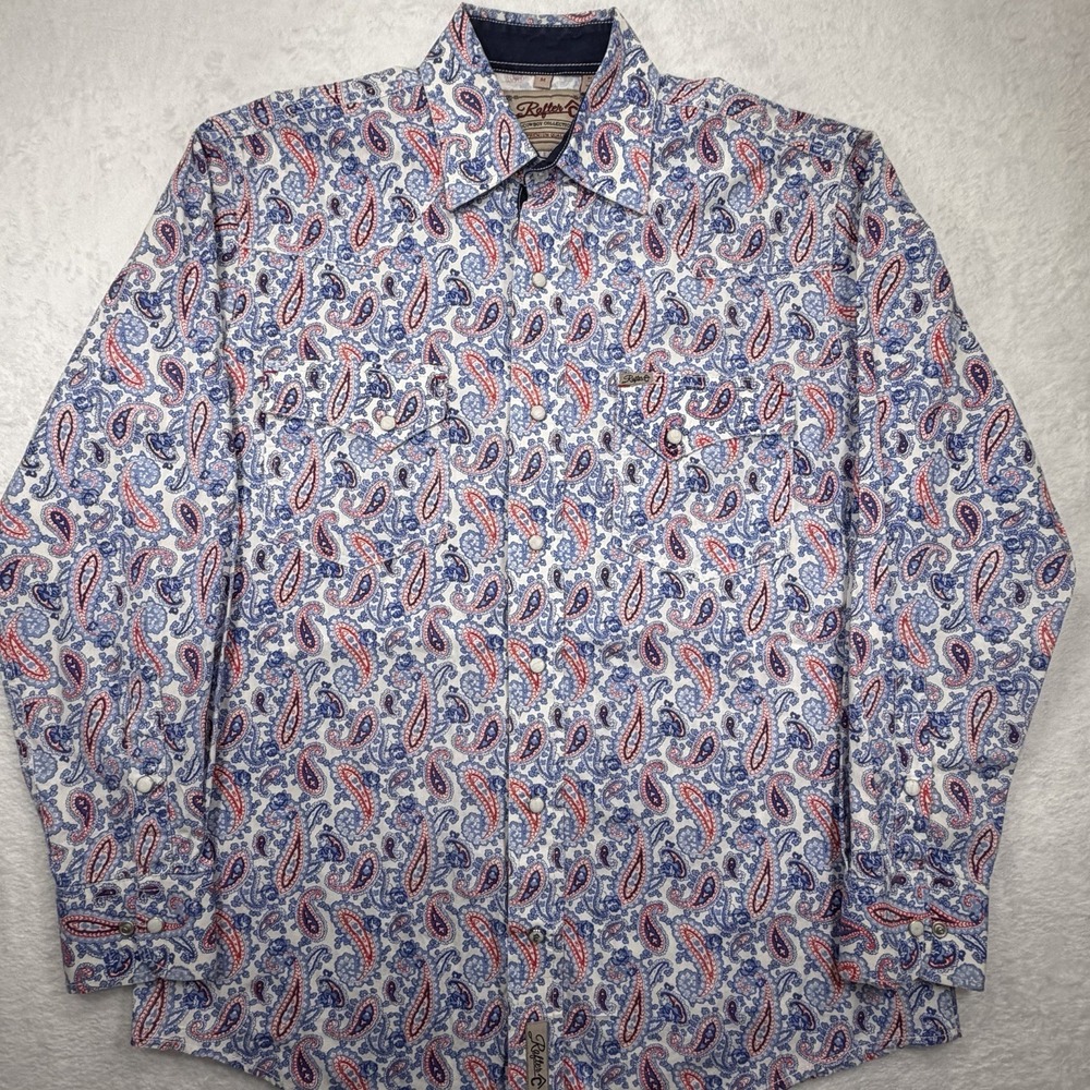 Rafter C Men's Western Button Up Shirt White Blue Paisley Snap Button Medium